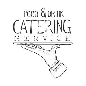 餐饮vi设计最好的餐饮服务手绘制的黑色和白色标志与服务员手和托盘